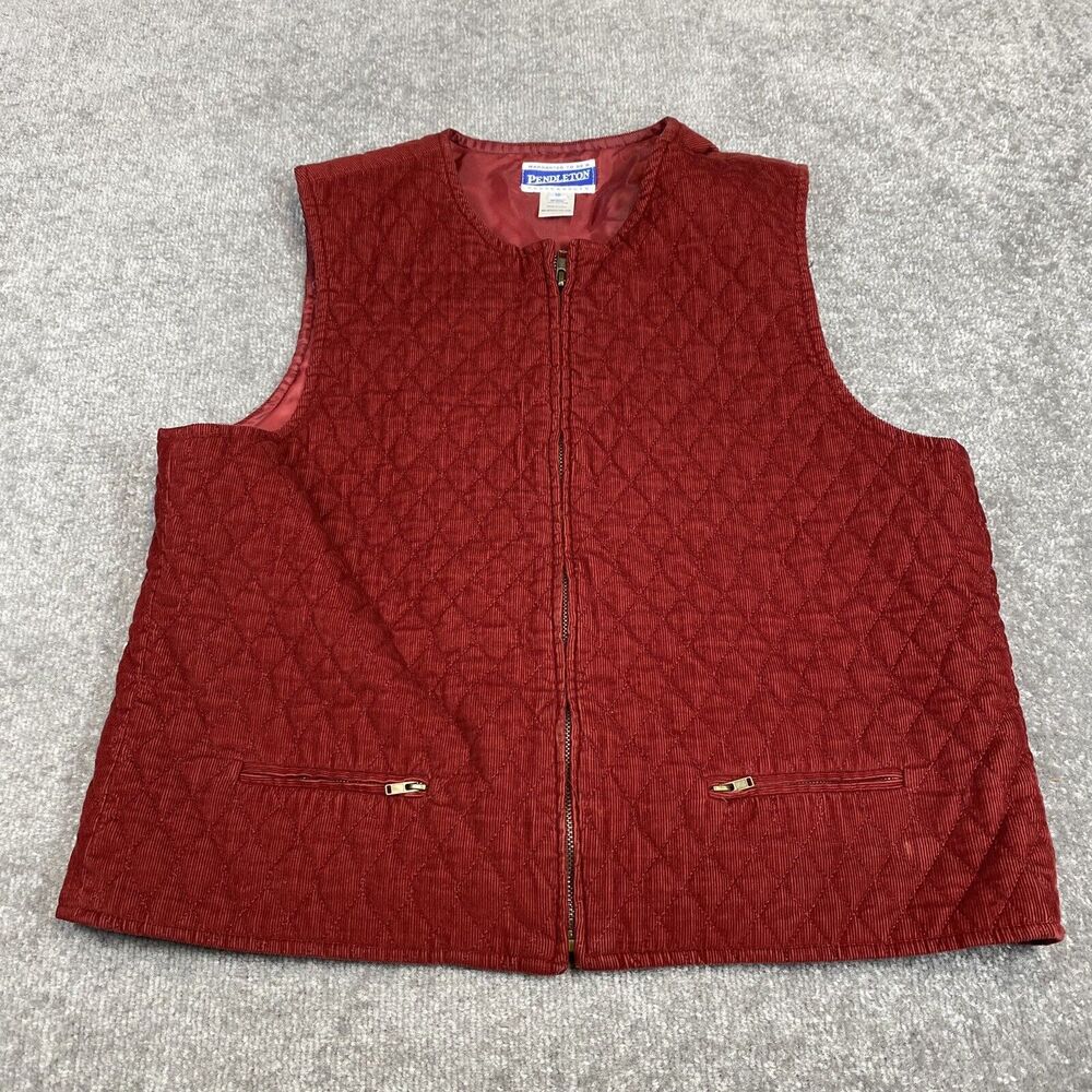 Pendleton Vest Womens 10 Red Full Zip Pockets 100% Cotton Outdoor Quilted Lined